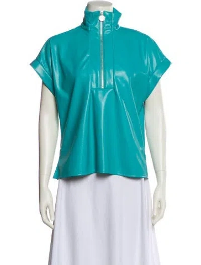 Pre-owned Emily Mccarthy Mock Neck Short Sleeve Sweatshirt W/ Tags In Blue