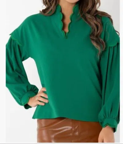 Emily Mccarthy Orchid Scalloped Blouson Sleeves Top In Green Jacket