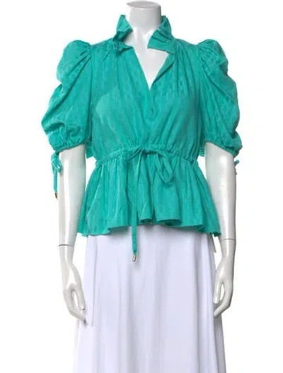 Pre-owned Emily Mccarthy Patterned V-neck Blouse In Green