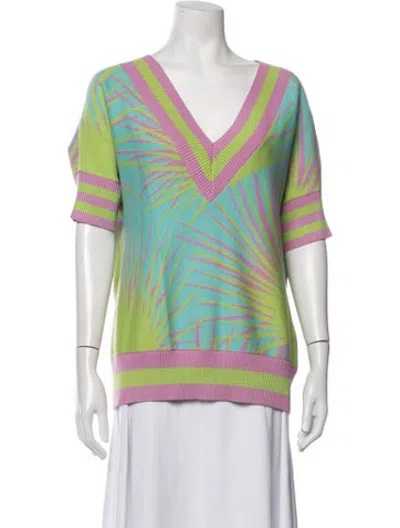 Pre-owned Emily Mccarthy Patterned V-neck Sweater In Green