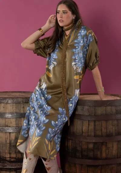 Emily Mccarthy Poppy Caftan Dress In Bluebonnet In Brown