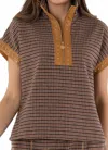 Emily Mccarthy Poppy Pullover Zip-front Top In Tweed In Brown