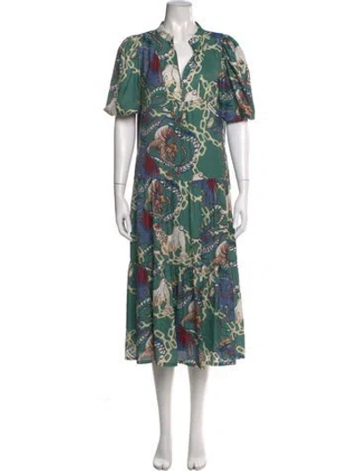 Pre-owned Emily Mccarthy Printed Long Dress In Green