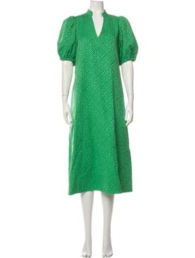 Pre-owned Emily Mccarthy Printed Midi Length Dress In Green