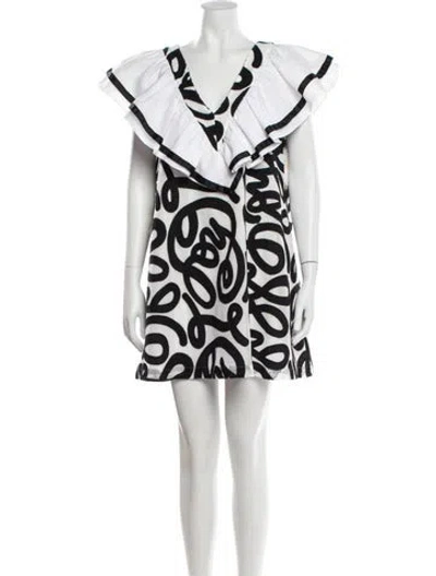 Pre-owned Emily Mccarthy Printed Mini Dress In White