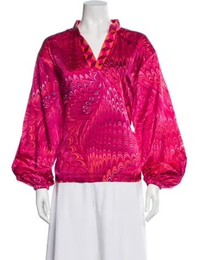 Pre-owned Emily Mccarthy Printed V-neck Blouse W/ Tags In Pink