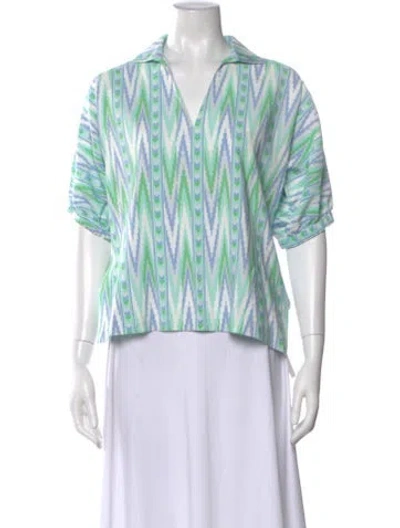 Pre-owned Emily Mccarthy Printed V-neck Top In Blue