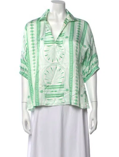 Pre-owned Emily Mccarthy Printed V-neck Top In Green