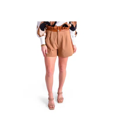 Emily Mccarthy Ruffle High Waist Short In Tan Ponte In Brown