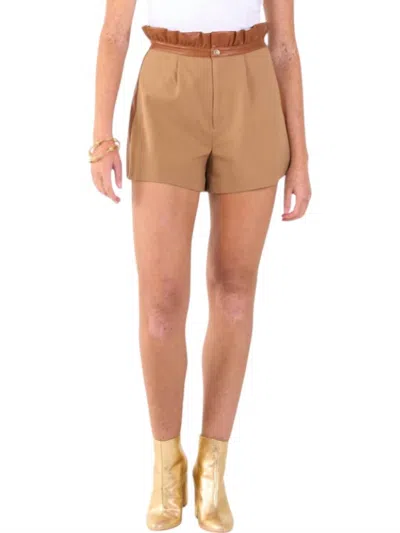 Emily Mccarthy Ruffle Shorts In Luggage Ponte In Multi