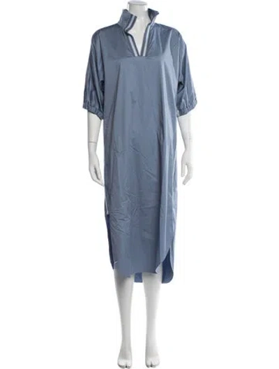 Pre-owned Emily Mccarthy V-neck Midi Length Dress In Blue