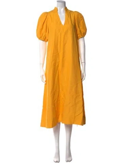 Pre-owned Emily Mccarthy V-neck Midi Length Dress In Yellow