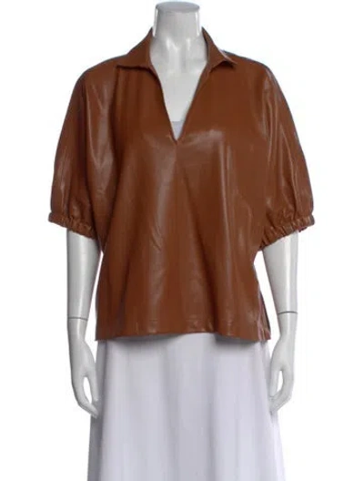 Pre-owned Emily Mccarthy V-neck Short Sleeve Top In Brown