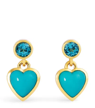 Emily P Wheeler Yellow Gold And Topaz Blue Heart Earrings