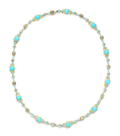 Emily P Wheeler Yellow Gold, Turquoise And Topaz Blue Heart Choker