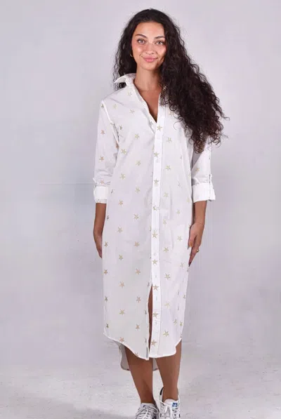 Emily Phillips Cotton Girlfriend Midi Dress In Gold Star In White