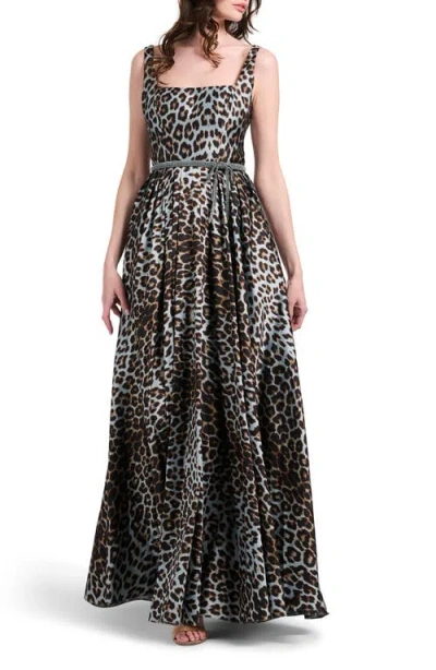 Emily Shalant Animal Pleated Square Nek Taffeta Ballgown In Multi