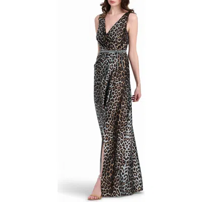 Emily Shalant Animal Pleated Taffeta Gown In Blue Multi