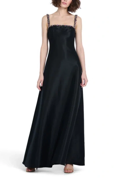 Emily Shalant Bead Detail Square Neck A-line Gown In Black