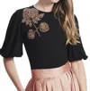 Emily Shalant Bead Flower T-shirt Puff Sleeves In Black/apricot In Multi