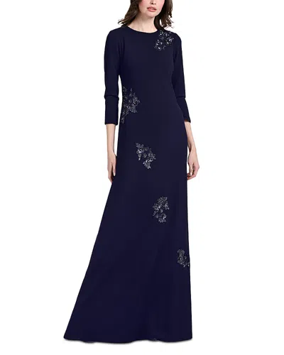 Emily Shalant Beaded Flower Stretch Crepe Gown In Blue