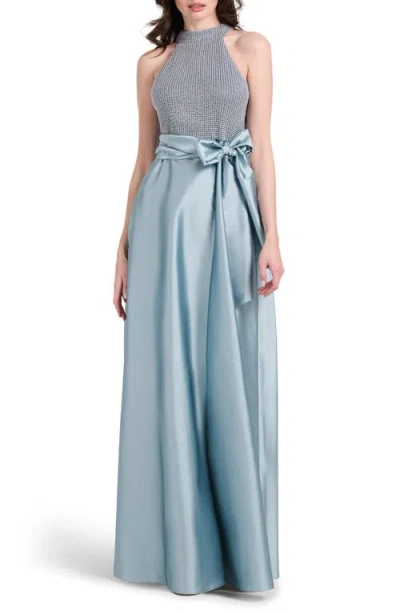 Emily Shalant Beaded Mock Neck Sleeveless Taffeta Gown In Light Blue
