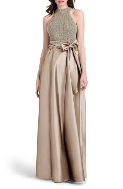 Emily Shalant Beaded Mock Neck Sleeveless Taffeta Gown In Silver