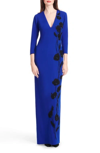 Emily Shalant Beaded Stretch Crepe Gown In Blue
