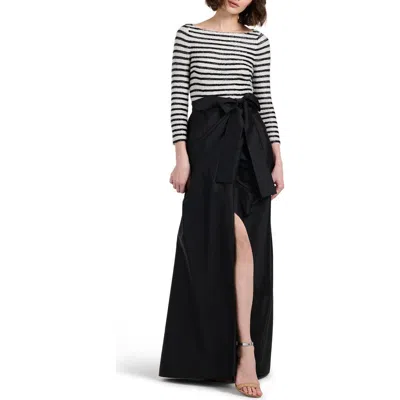 Emily Shalant Beaded Stripe Mixed Media Taffeta Gown In Black