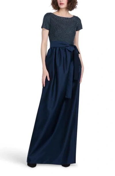 Emily Shalant Beaded Taffeta Gown In Blue