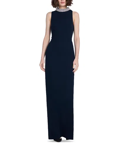 Emily Shalant Braided Crystal Mock Neck Stretch Crepe Gown In Blue
