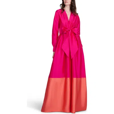 Emily Shalant Colorblock Long Sleeve Taffeta Gown In Multi