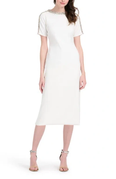 Emily Shalant Crystal Bead Detail Crepe Cocktail Midi Dress In White