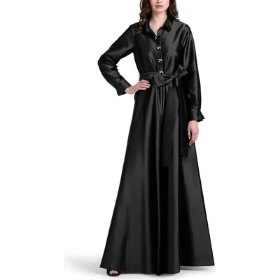 Emily Shalant Crystal Bow Button Long Sleeve Taffeta A-line Gown In Black