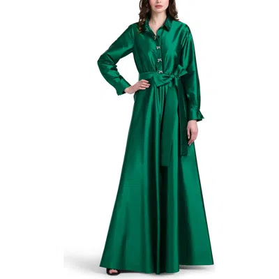 Emily Shalant Crystal Bow Button Long Sleeve Taffeta A-line Gown In Green