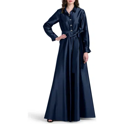Emily Shalant Crystal Bow Button Long Sleeve Taffeta A-line Gown In Blue