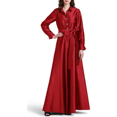 Emily Shalant Crystal Bow Button Long Sleeve Taffeta A-line Gown In Red