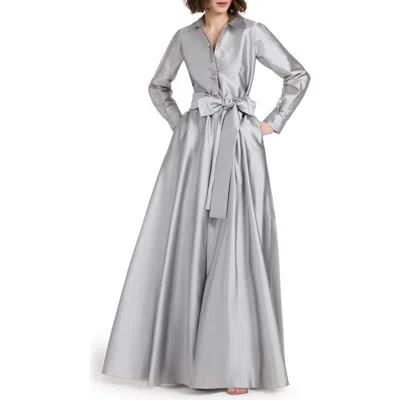 Emily Shalant Crystal Bow Button Long Sleeve Taffeta A-line Gown In Silver