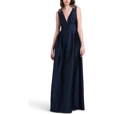 Emily Shalant Crystal Bow Detail Plunge Neck Faille Gown In Blue