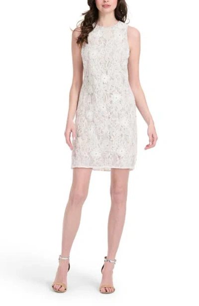 Emily Shalant Crystal Detail Lace Cocktail Shift Dress In White
