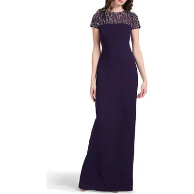 Emily Shalant Crystal Embellished Illusion Neck Stretch Crepe Gown In Purple