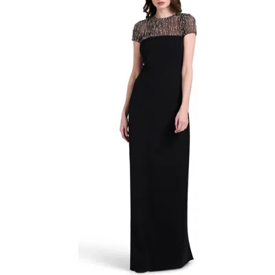 Emily Shalant Crystal Embellished Illusion Neck Stretch Crepe Gown In Black