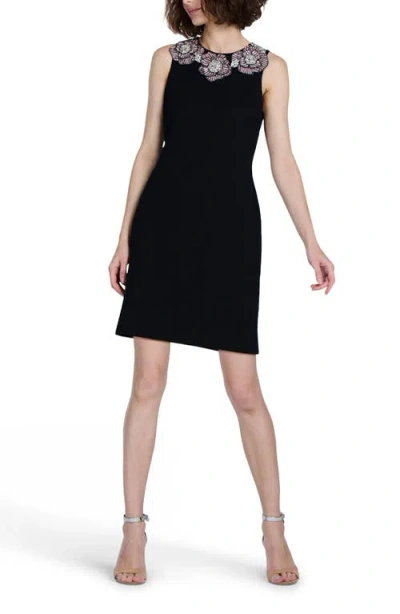 Emily Shalant Crystal Floral Cocktail Shift Dress In Black