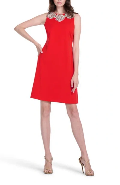 Emily Shalant Crystal Floral Cocktail Shift Dress In Red