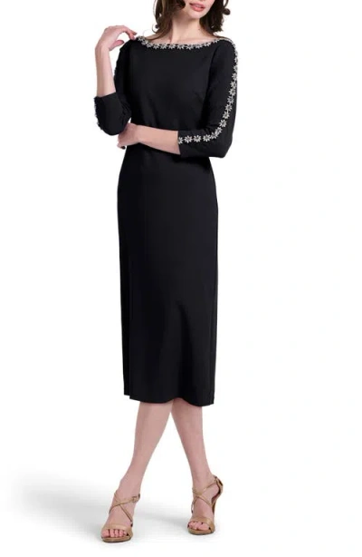 Emily Shalant Crystal Floral Detail Stretch Crepe Cocktail Dress In Black
