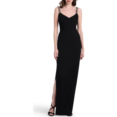 Emily Shalant Crystal Flower Strap Stretch Crepe Gown In Black