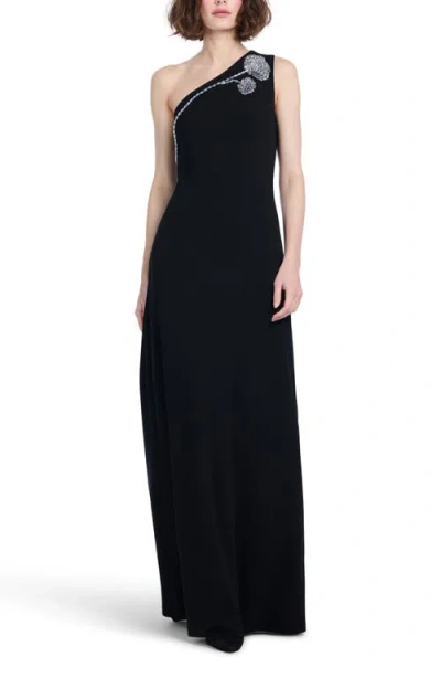 Emily Shalant Crystal One-shoulder Stretch Crepe Gown In Black