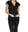 Emily Shalant Feather Shoulder Luxe Jersey Top In Black In Black