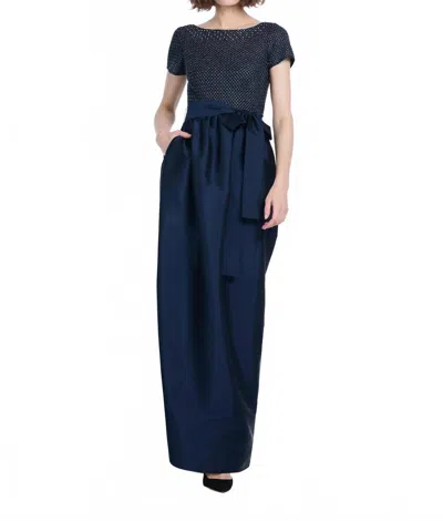 Emily Shalant Filagree Glass Beaded Embroidered Gown In Navy In Blue