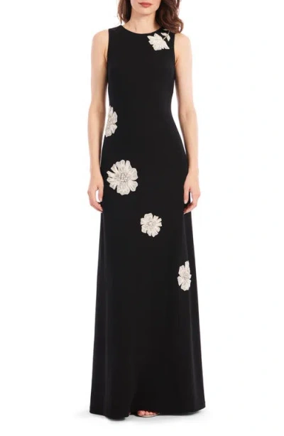 Emily Shalant Floral Appliqué Embellished Crepe Gown In Black